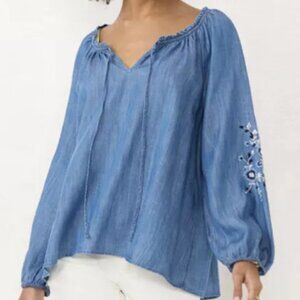 LC Lauren Conrad Tie-Front Peasant Top Blouse Blue Boho Embroidered Size XS